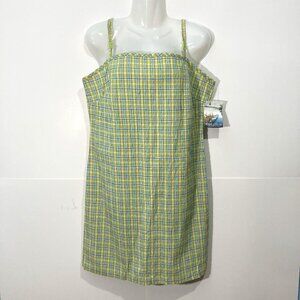 NWT Marsh Landing Strech Mini Plaid Dress Adjustable Straps Smocked Y2K Green 12